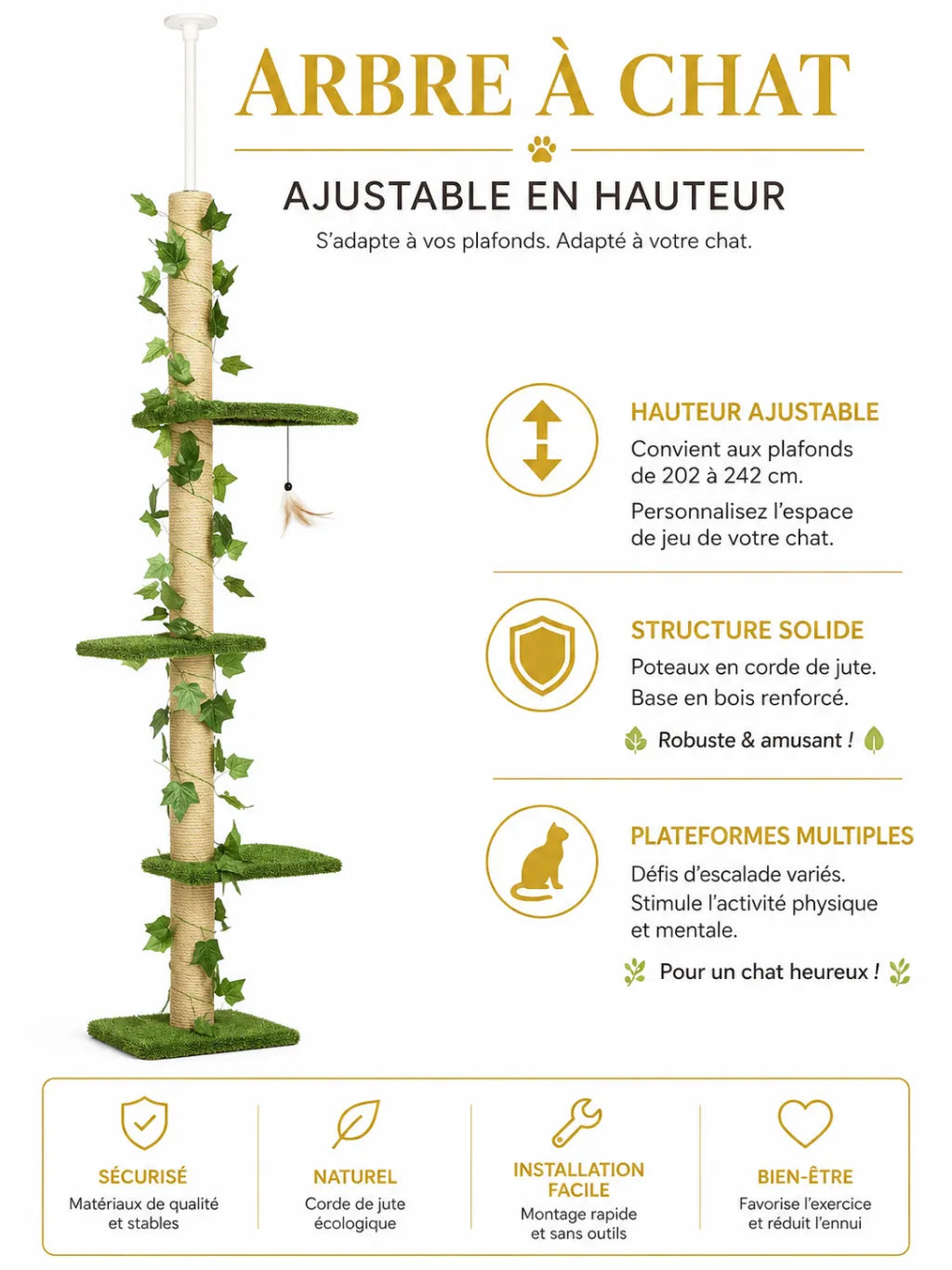 Arbre a Chat Plafond Vert 242 cm avec Hamac-caracterstique4