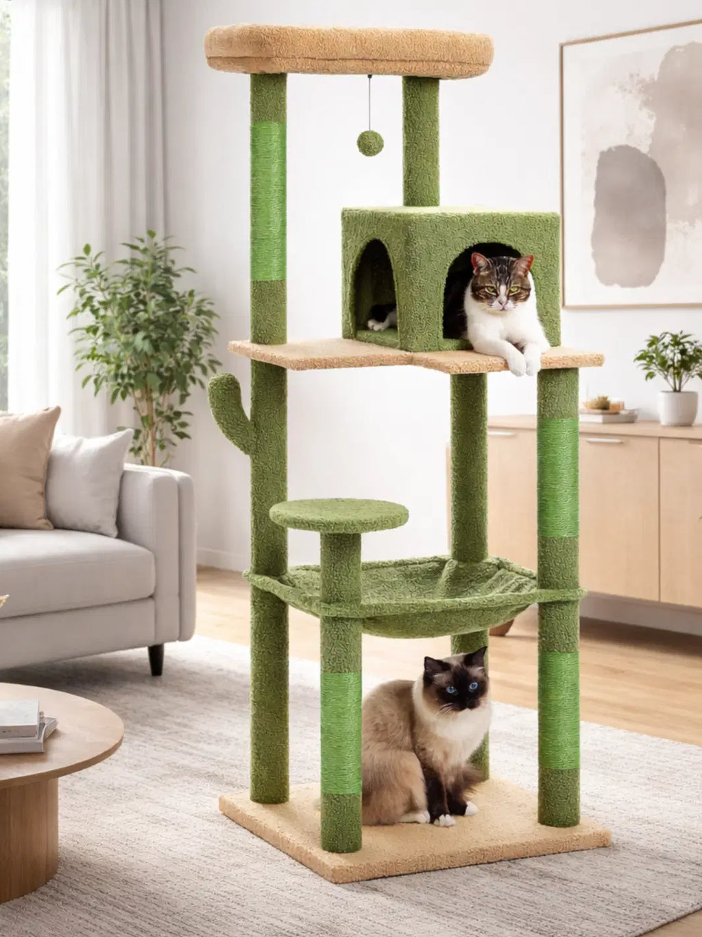 Arbre_a_Chat_Vert_143_cm_Style_Cactus_avec_Condo_et_Hamac_Interieur - Verdélys - Catium