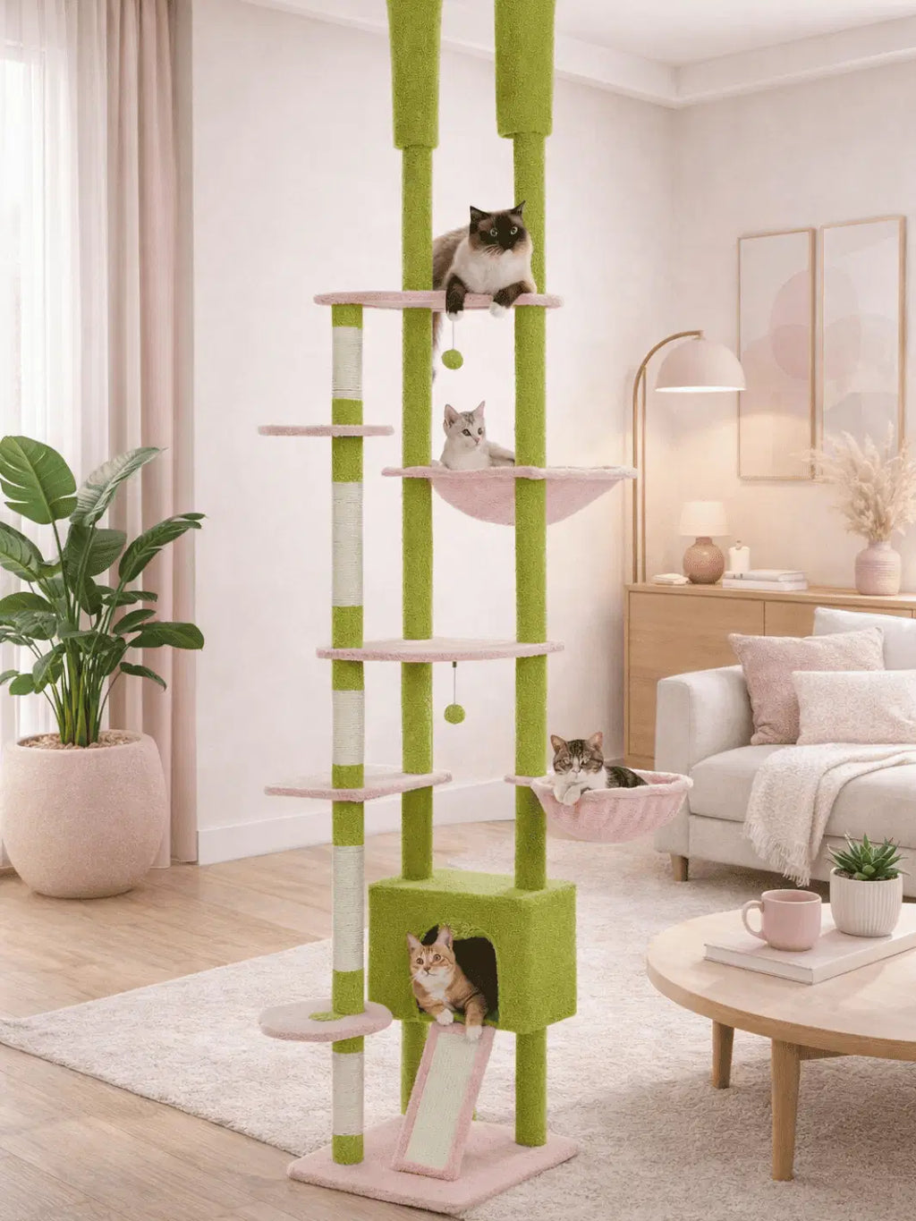 Arbre à Chat Vert et Rose 230‑255 cm Style Cactus avec Condo et Hamac - Cactusia - Catium