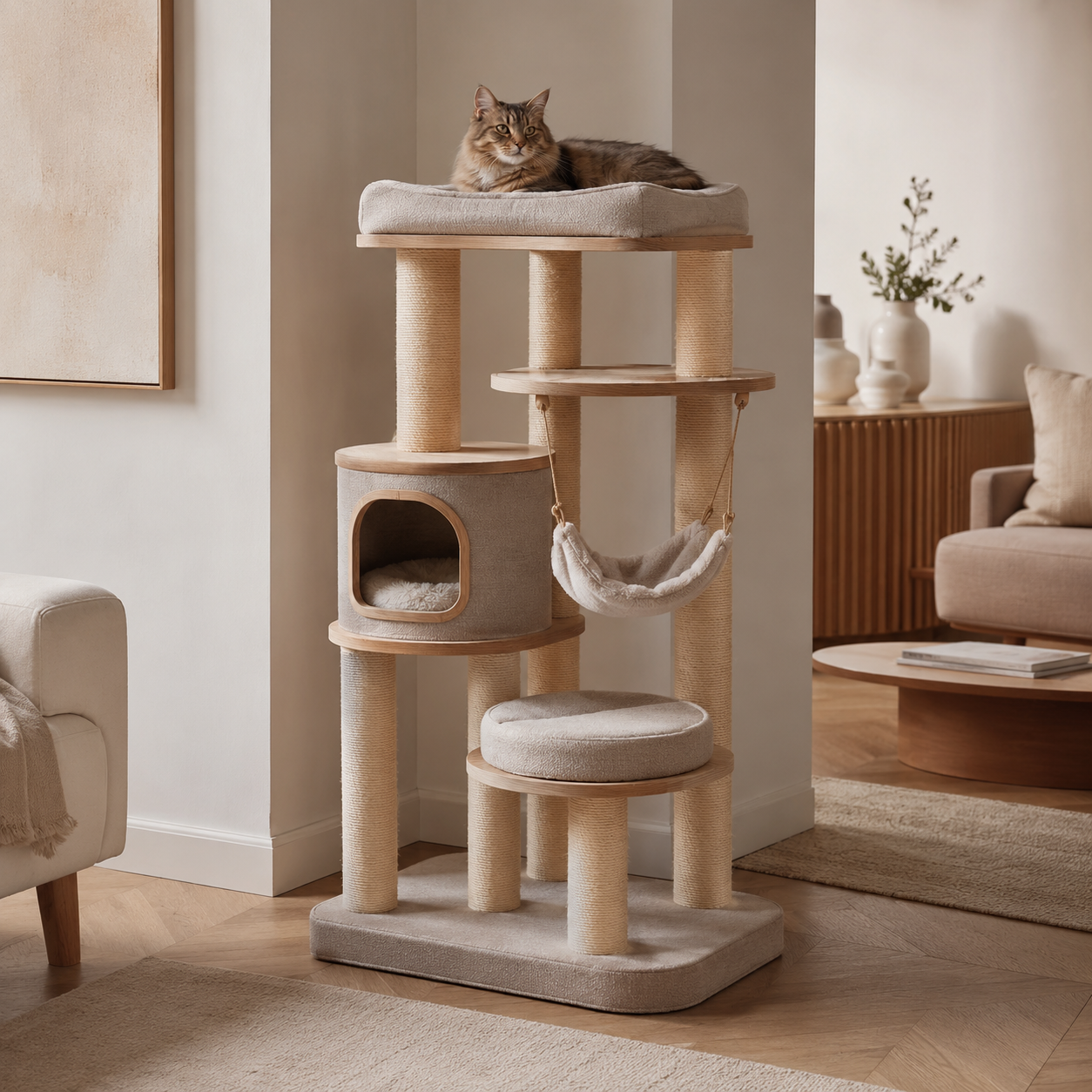 Arbre à chat moderne dans un salon élégant avec plateformes et espace de repos