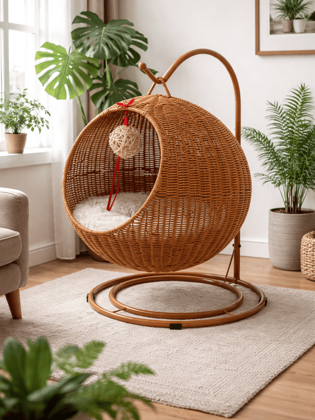 Balancoire_Chat_sur_Pied_Rotin_PP_Brun_Dore_Interieur_Solevia