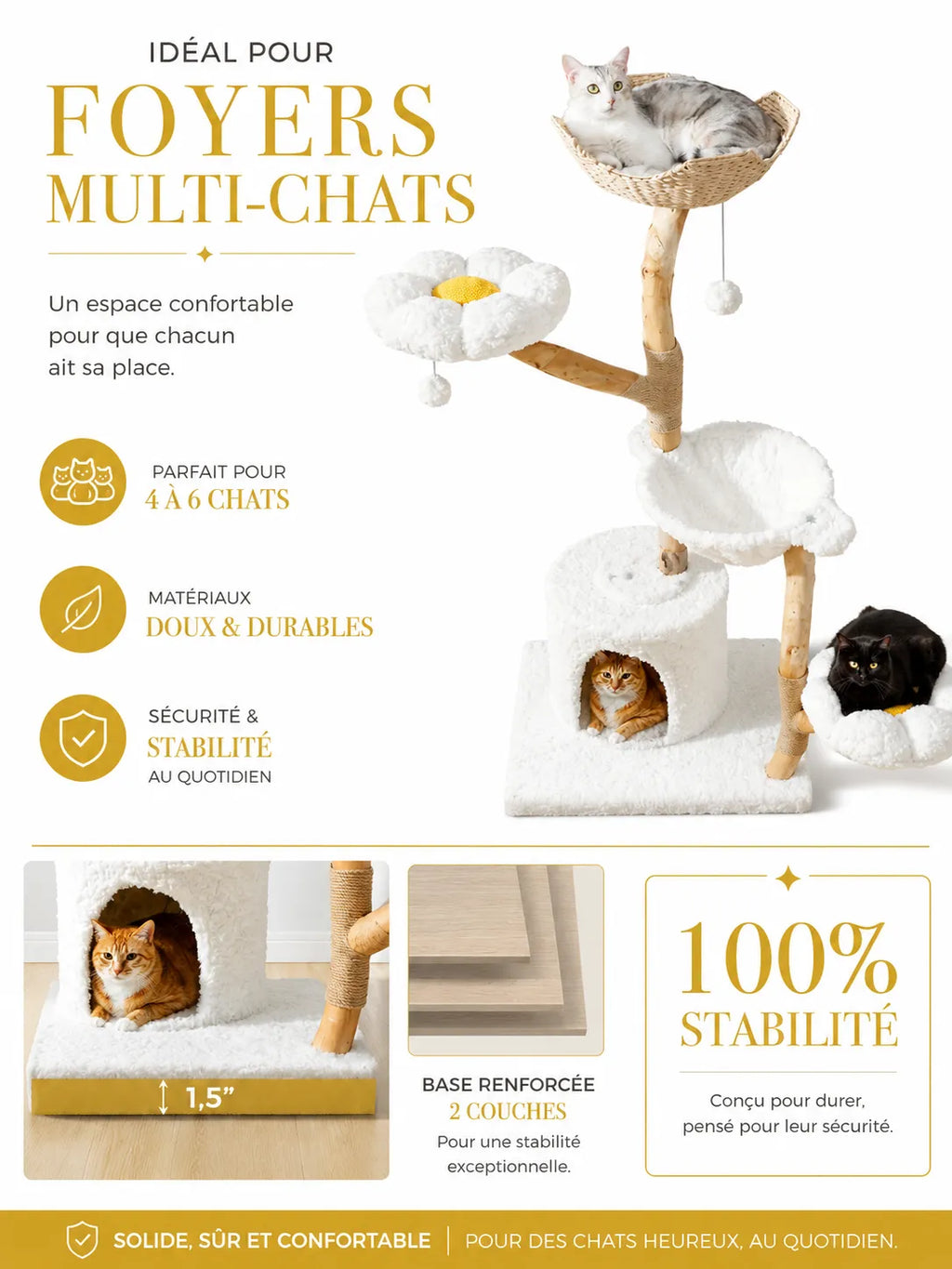 Grand Arbre à Chat Blanc 150 cm avec Paniers Rotin-caracterisique1