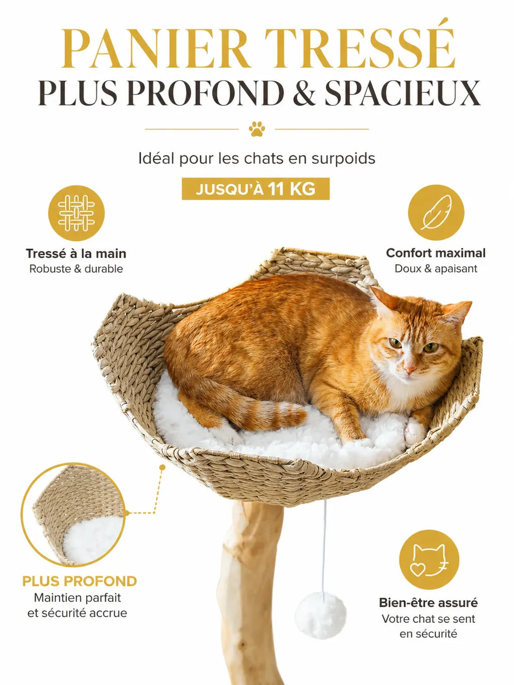 Grand Arbre à Chat Blanc 150 cm avec Paniers Rotin-caracterisique2