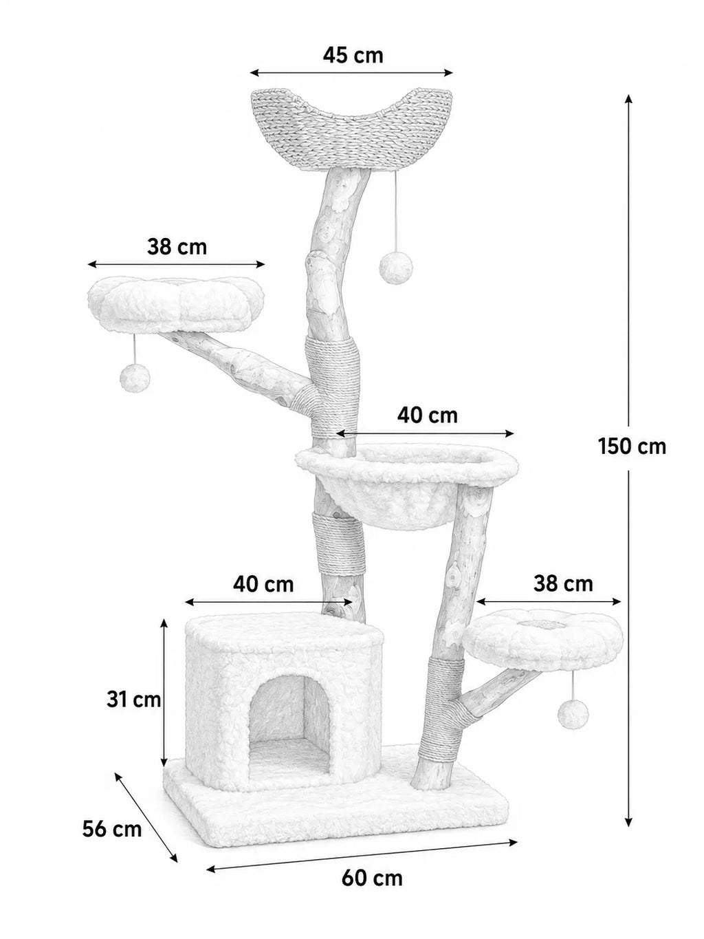 Grand Arbre à Chat Blanc 150 cm avec Paniers Rotin-dimensions