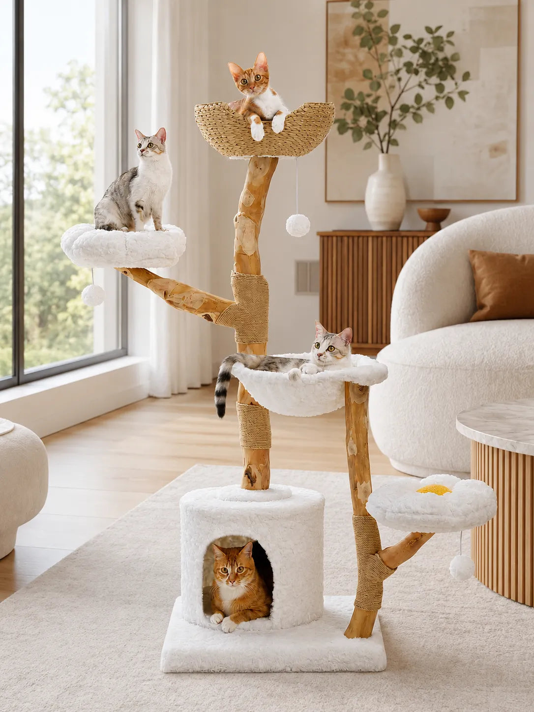 Grand Arbre à Chat Blanc 150 cm avec Paniers Rotin-interieur