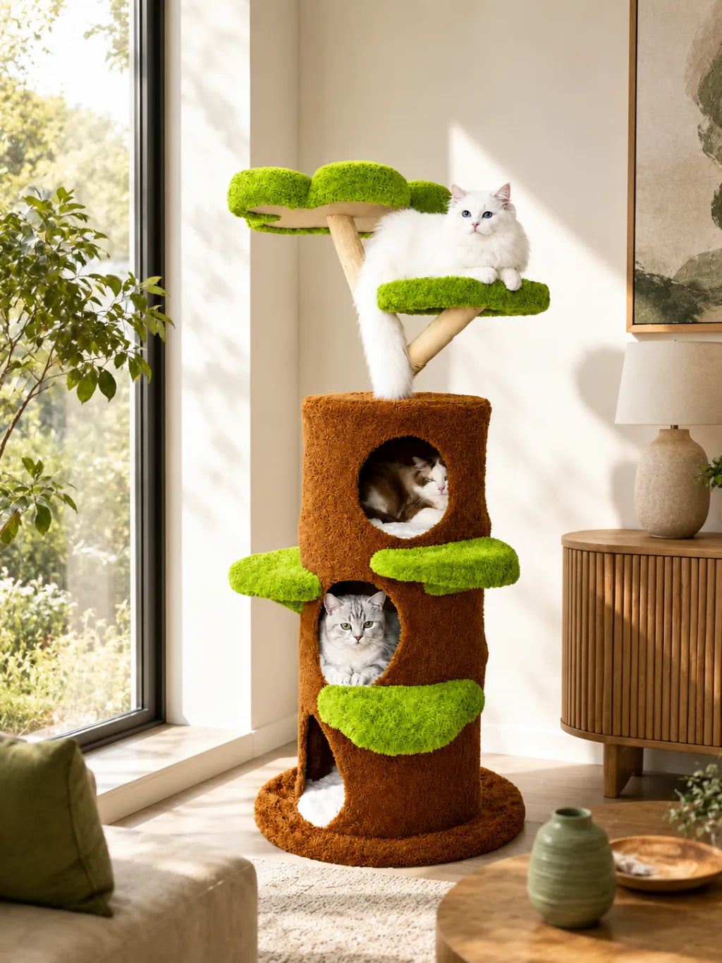 Grand Arbre à Chat Vert et Marron avec Plateforme Fleur-interieur