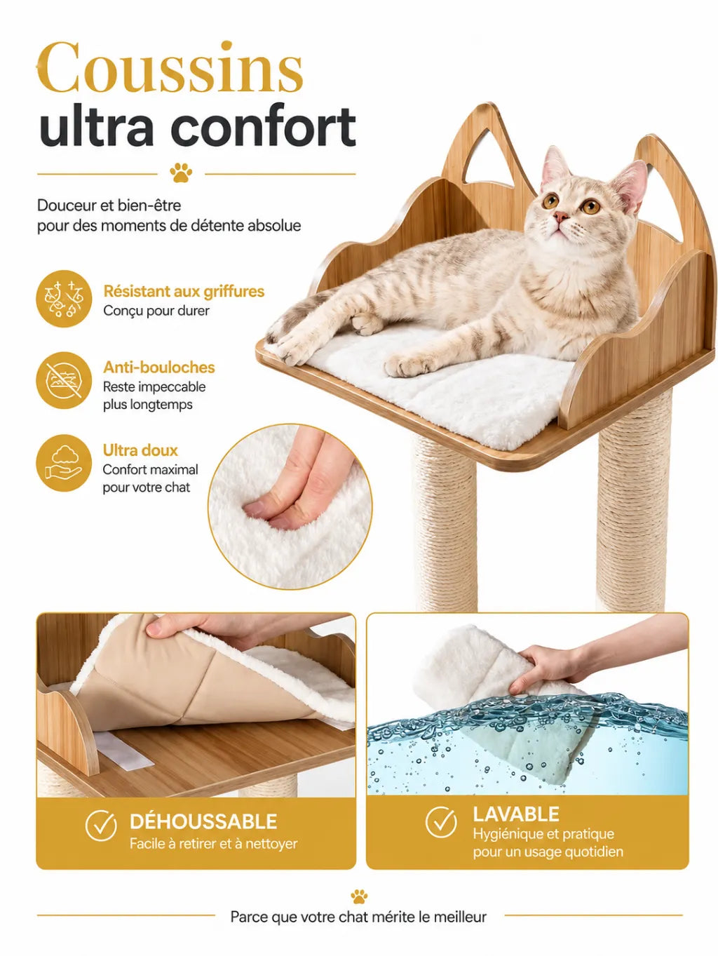 Grand Arbre a Chat Bois 122 cm avec Double Niche-caracteristique2