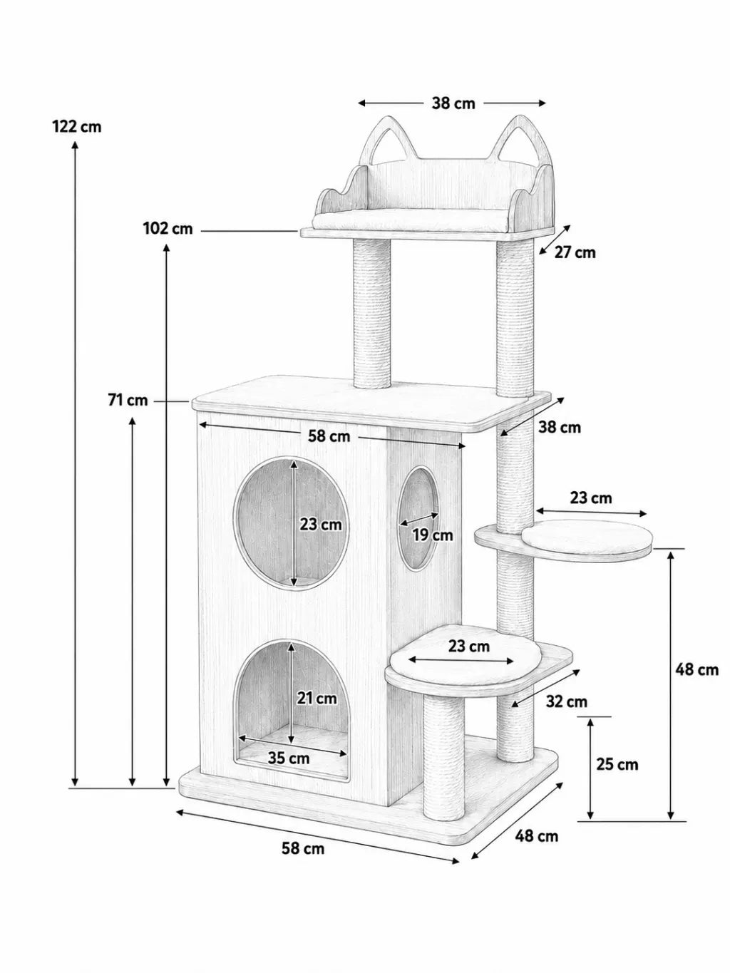Grand Arbre a Chat Bois 122 cm avec Double Niche-dimensions