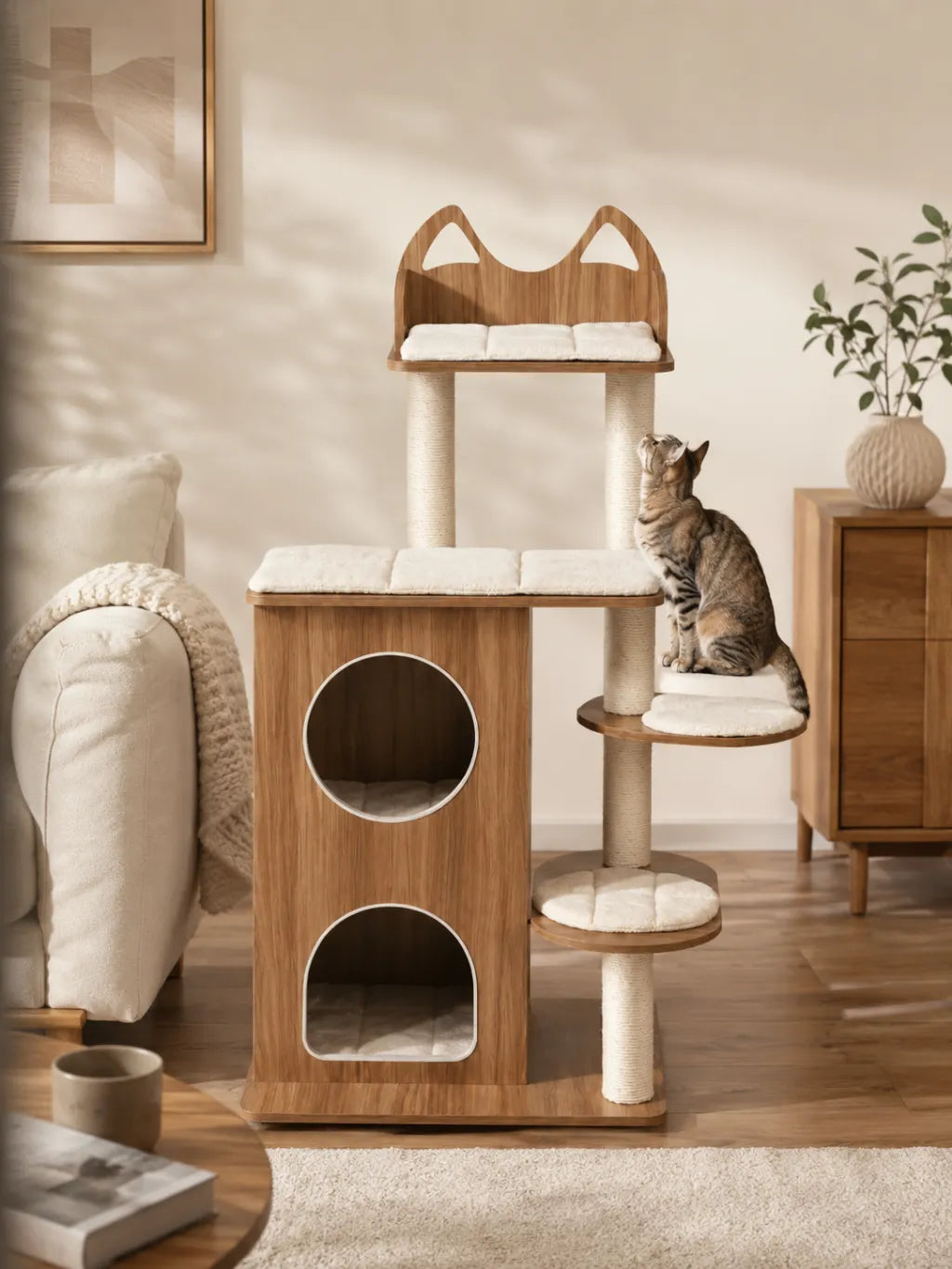 Grand Arbre a Chat Bois 122 cm avec Double Niche-interieur