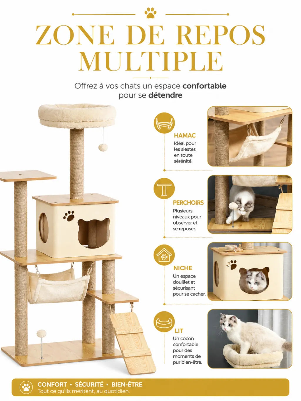 Grand Arbre a Chat Jaune Beige avec Hamac et Echelle-caracteristique1