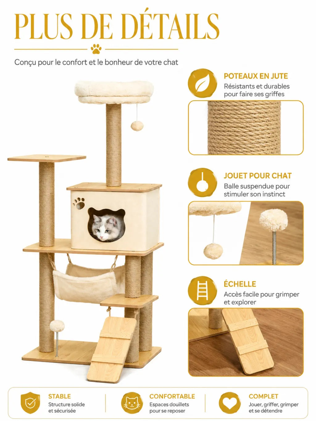 Grand Arbre a Chat Jaune Beige avec Hamac et Echelle-caracteristique2
