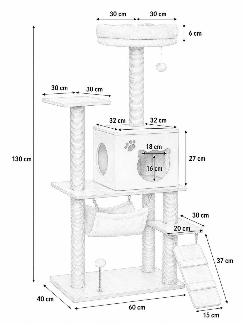 Grand Arbre a Chat Jaune Beige avec Hamac et Echelle-dimensions