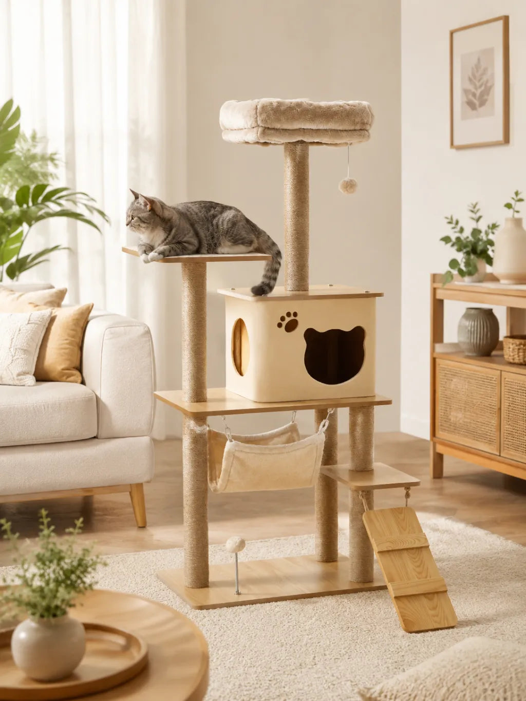Grand Arbre a Chat Jaune Beige avec Hamac et Echelle-interieur