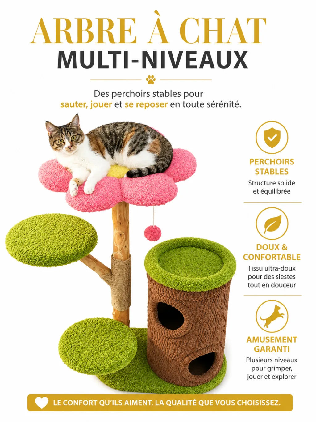 Grand Arbre a Chat Marron 136 cm avec 4 Niches - caracteristique2