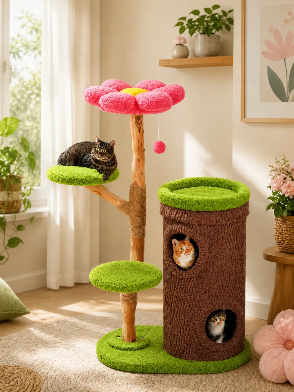 Grand Arbre à Chat Marron 136 cm avec 4 Niches - interieur