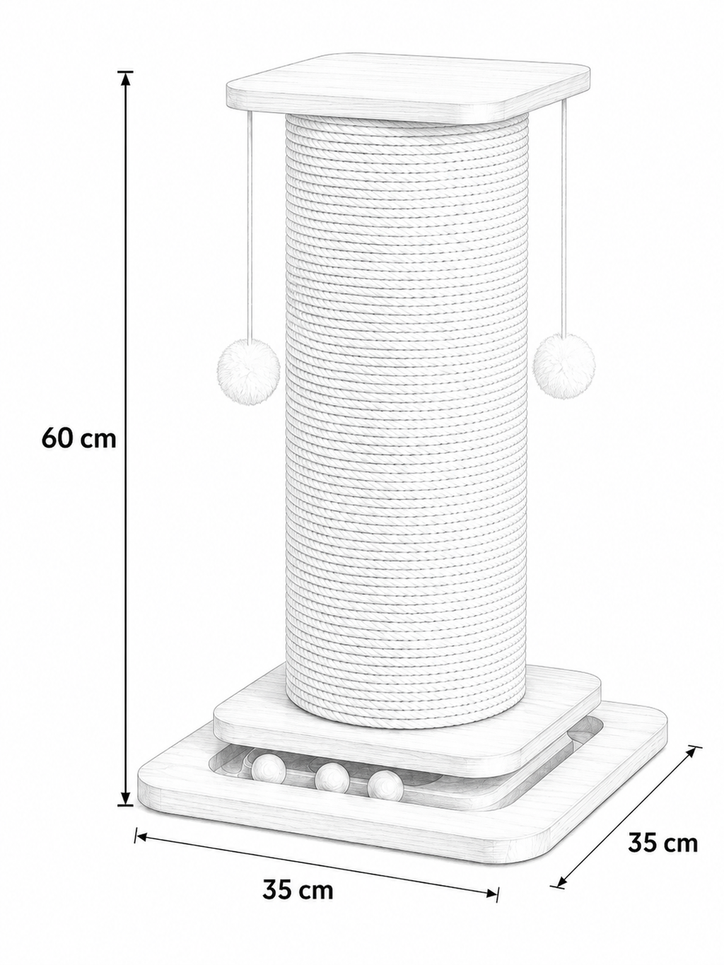 Illustration technique du griffoir pour chat CATIUM avec dimensions 60 cm de hauteur et base 35 x 35 cm
