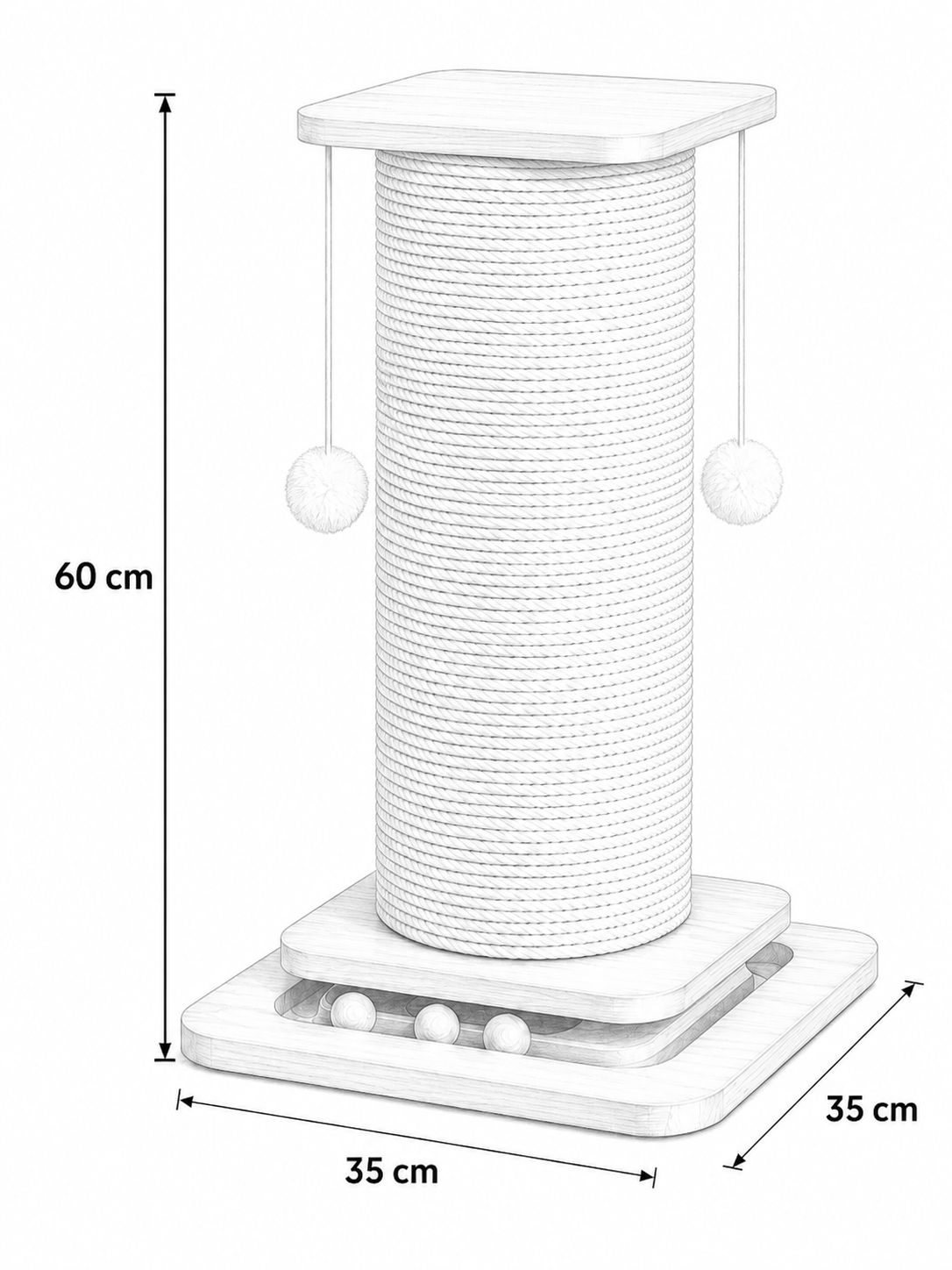 Illustration technique du griffoir pour chat CATIUM avec dimensions 60 cm de hauteur et base 35 x 35 cm