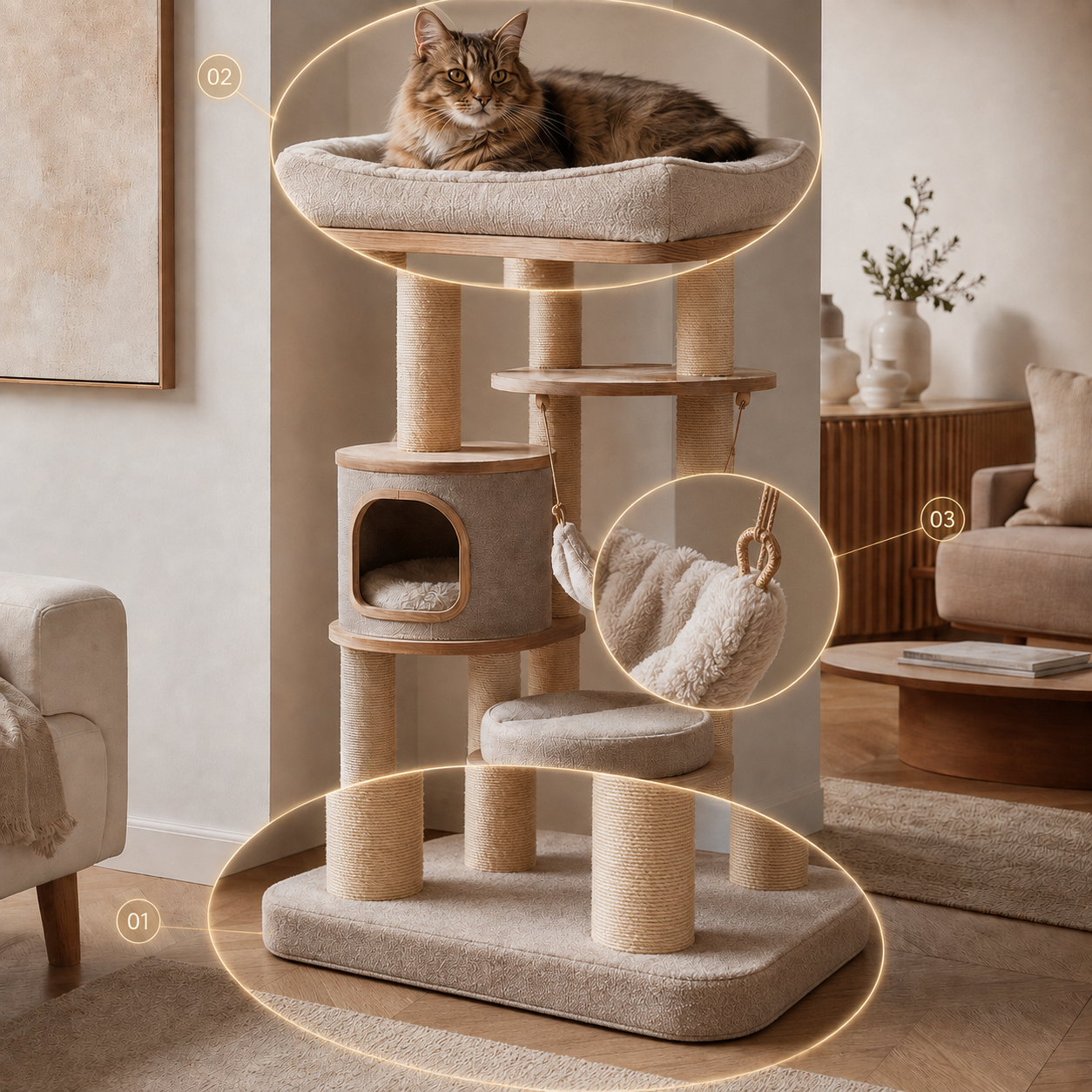 Détails d’un arbre à chat montrant la structure, les couchages et les poteaux en sisal
