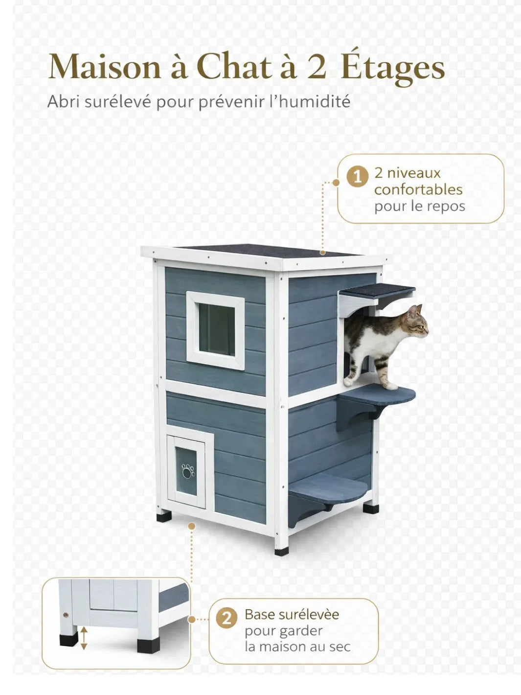 Maison Chat Bois 2 Niveaux avec Fenêtres et Escalier  - Caracteristique 1