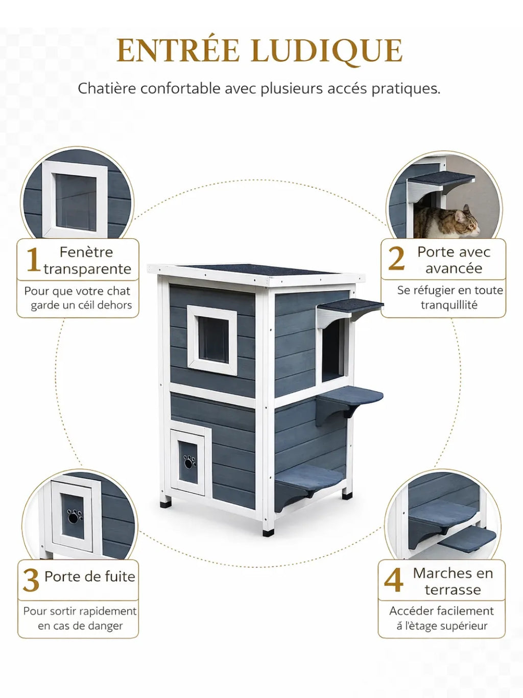 Maison Chat Bois 2 Niveaux avec Fenêtres et Escalier  - Caracteristique 2