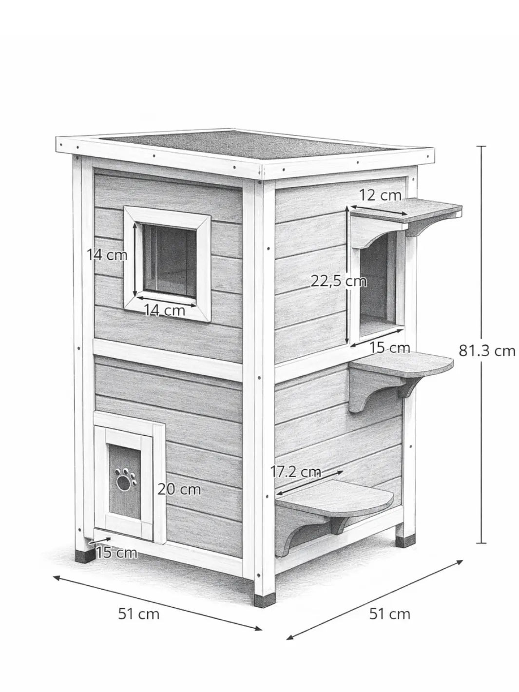 Maison Chat Bois 2 Niveaux avec Fenêtres et Escalier  - Dimensions