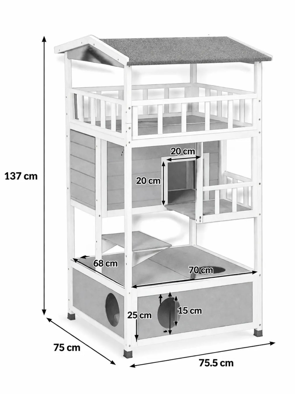 Maison Chat Extérieur 4 Niveaux avec Balcon et Plateformes - Norvélia - dimensions