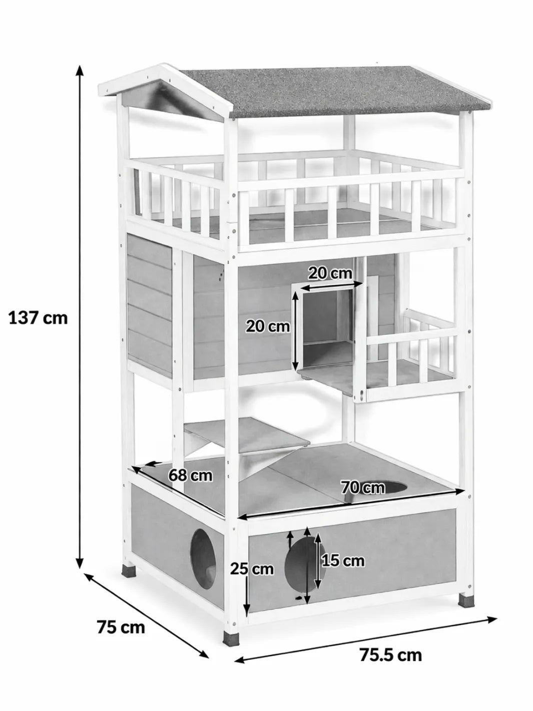 Maison Chat Extérieur 4 Niveaux avec Balcon et Plateformes - Norvélia - dimensions
