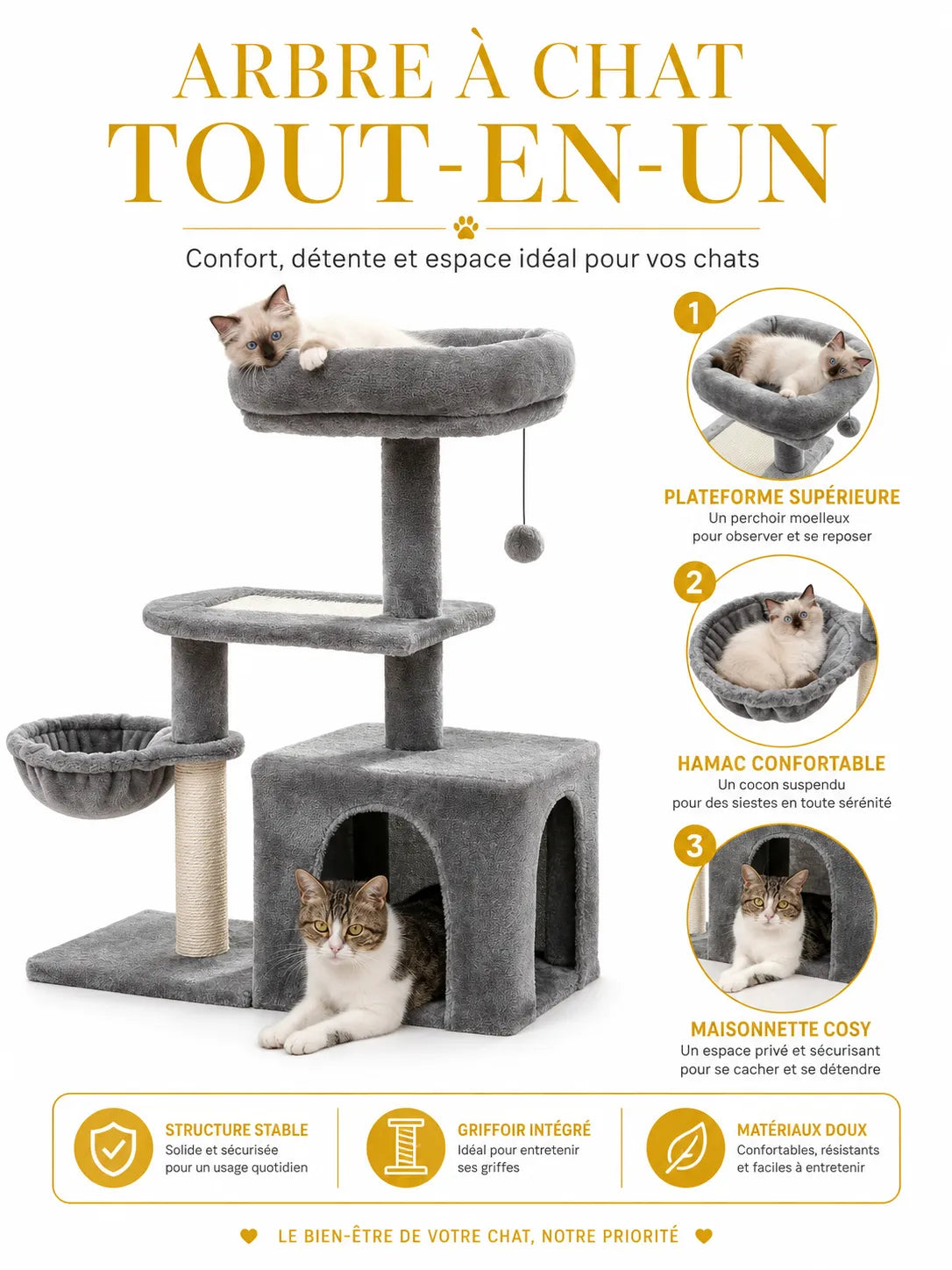 Petit Arbre à Chat Gris 80 cm avec Niche-Ormina-caracteristique 1
