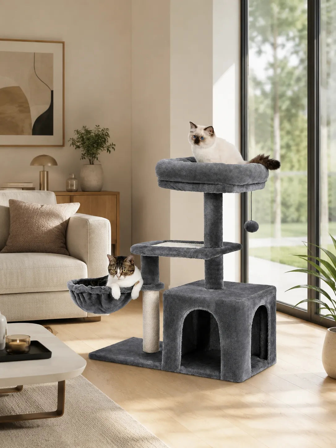 Petit Arbre à Chat Gris 80 cm avec Niche-Ormina-interieur