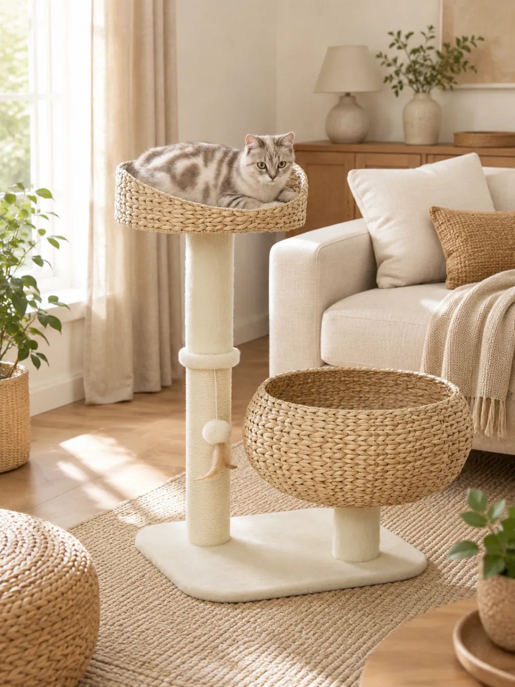 Petit Arbre a Chat Beige 72 cm avec Niche et Plateforme-interieur