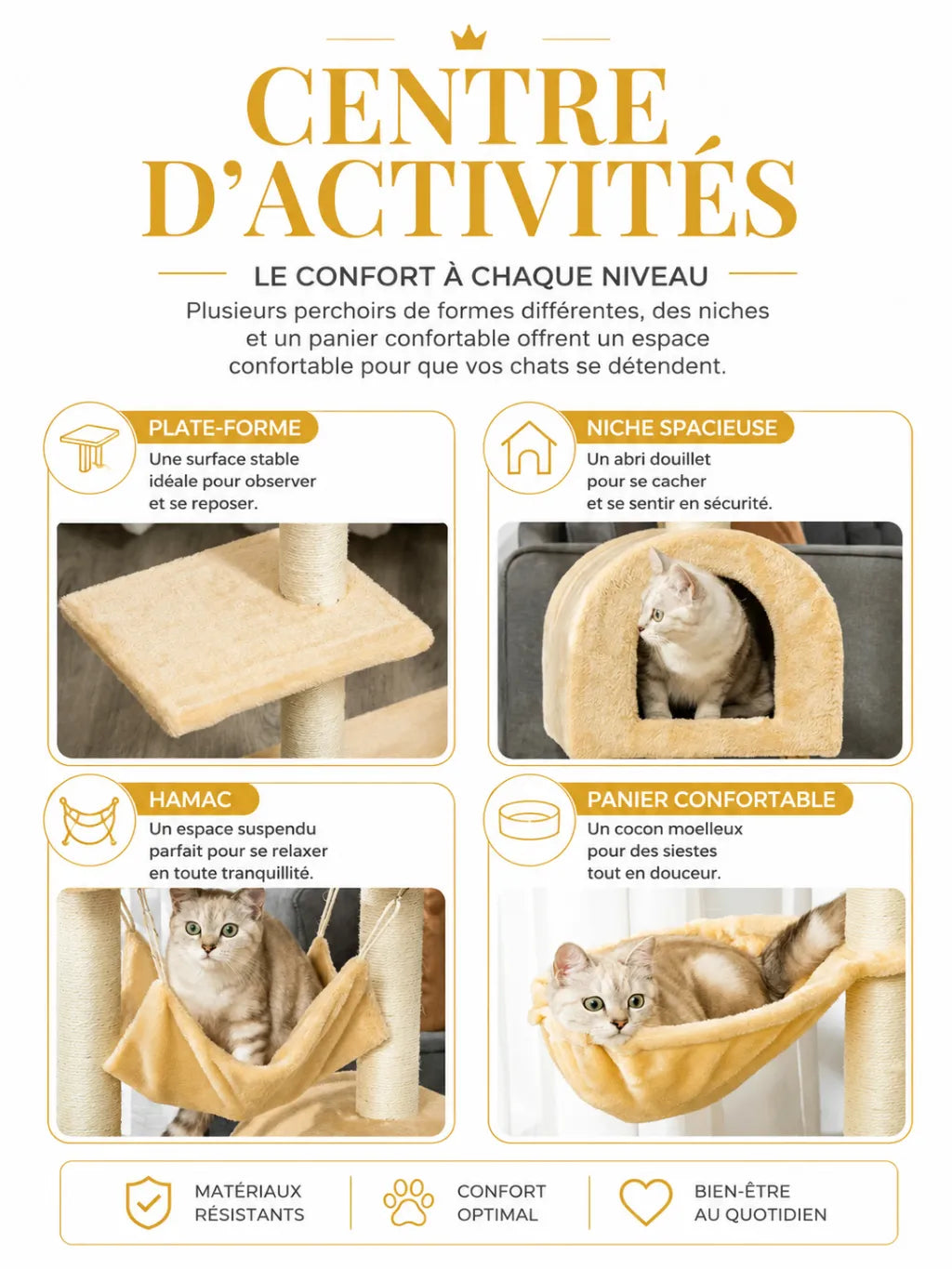 Petit Arbre a Chat Beige 98 cm avec Hamac et Panier-caracteristique2