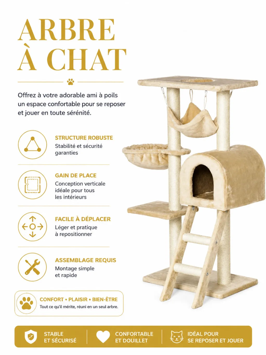 Petit Arbre a Chat Beige 98 cm avec Hamac et Panier-caracteristique3