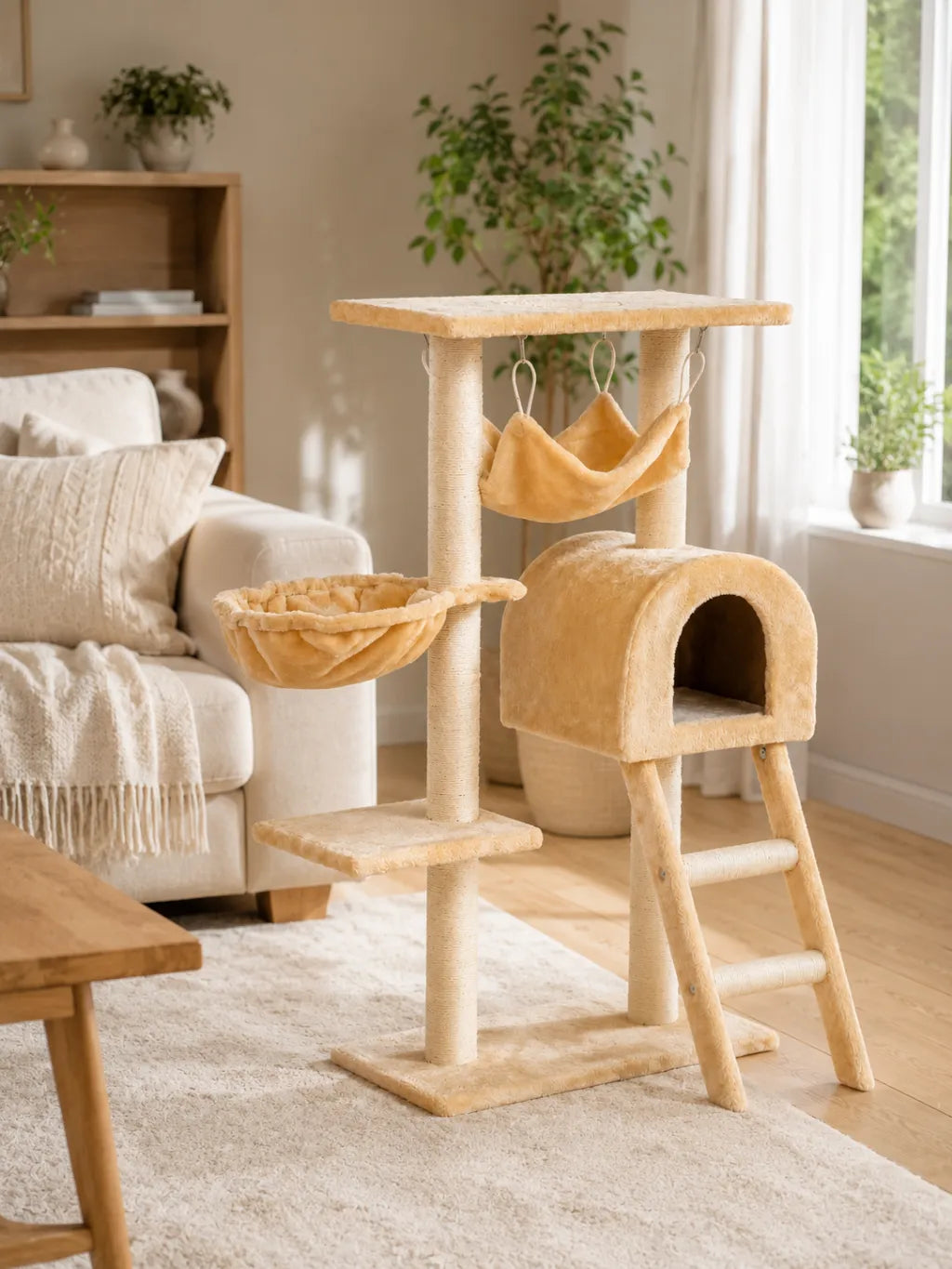 Petit Arbre a Chat Beige 98 cm avec Hamac et Panier-interieur