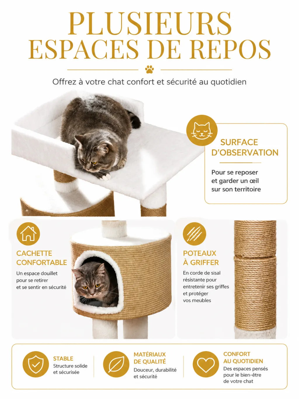 Petit Arbre a Chat Beige avec Maison et Perchoir-caracteristique1