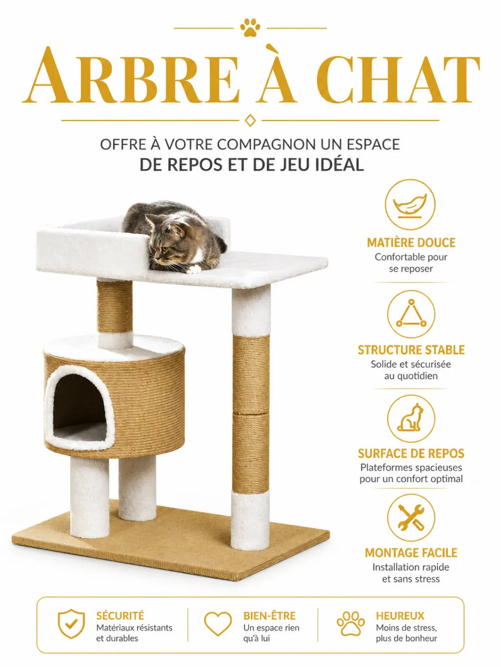 Petit Arbre a Chat Beige avec Maison et Perchoir-caracteristique2