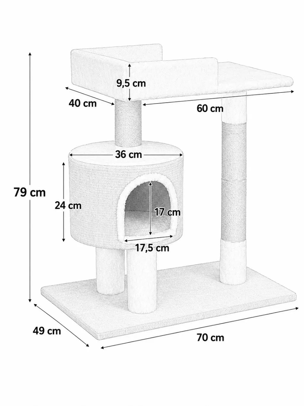 Petit Arbre a Chat Beige avec Maison et Perchoir-dimensions