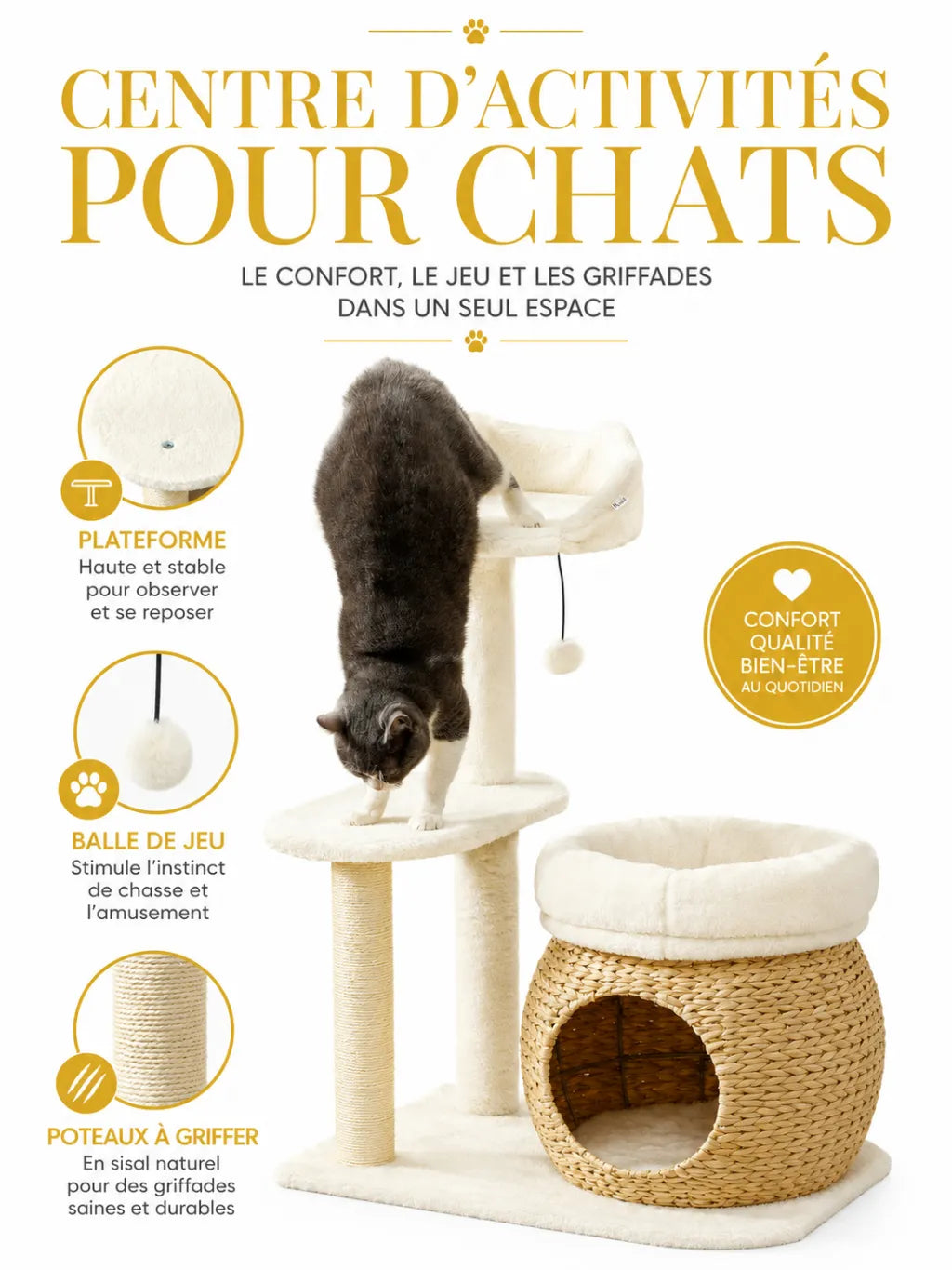 Petit Arbre a Chat Blanc Creme 79 cm avec Niche-caracteristique1