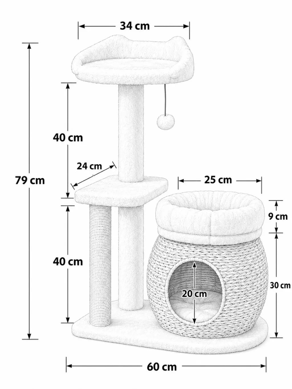 Petit Arbre a Chat Blanc Creme 79 cm avec Niche-dimensions