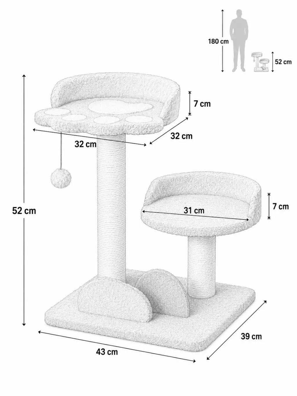 Petit Arbre a Chat Multicolore 52 cm avec Sisal-dimensions