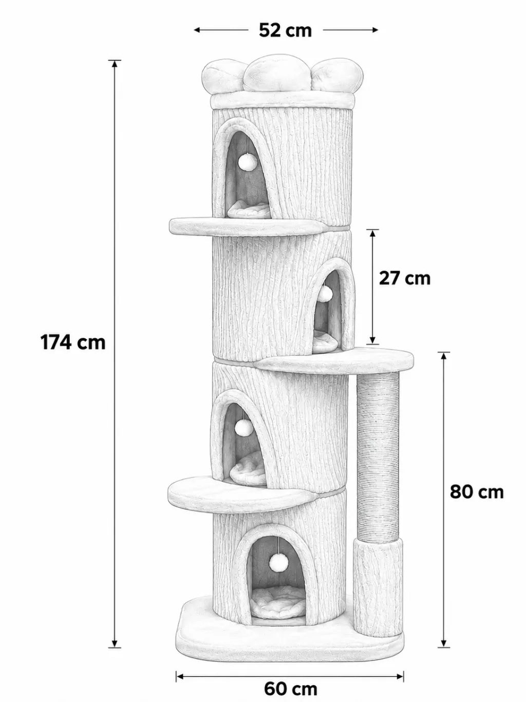 Très Grand Arbre à Chat Marron 174 cm avec Condos  - dimensions