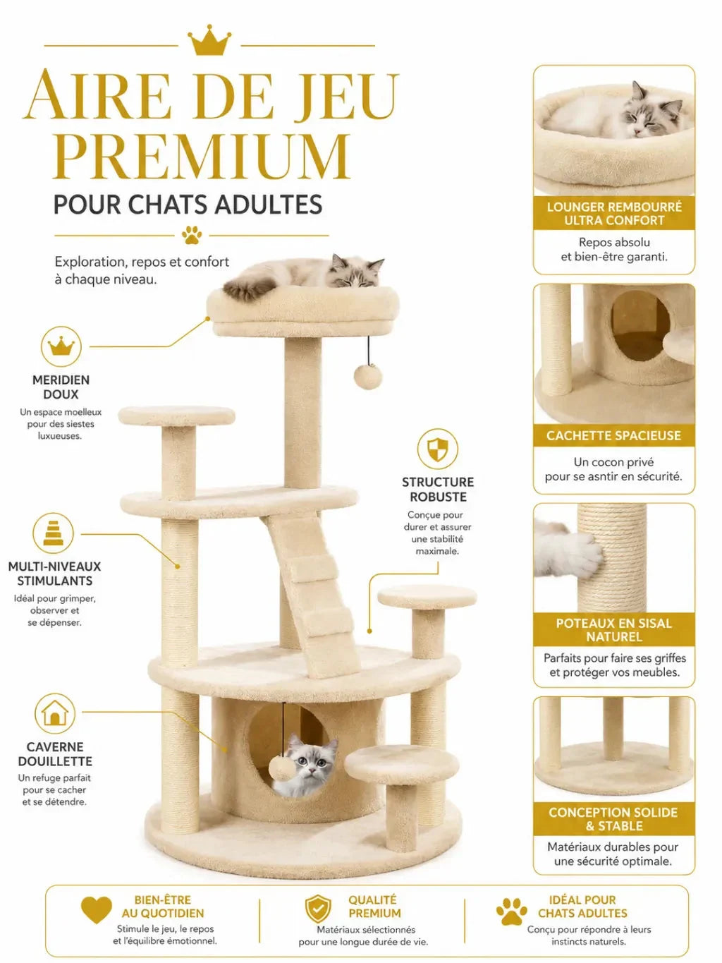Aire de jeu premium Velouna pour chat adulte avec niche et perchoir