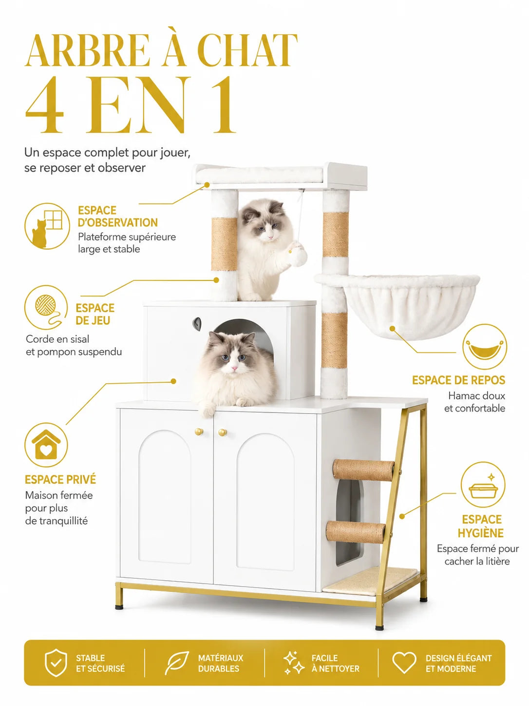 Fonctions 4-en-1 de l’arbre à chat avec litière blanc Litiélia : niche, hamac, perchoir et meuble fermé