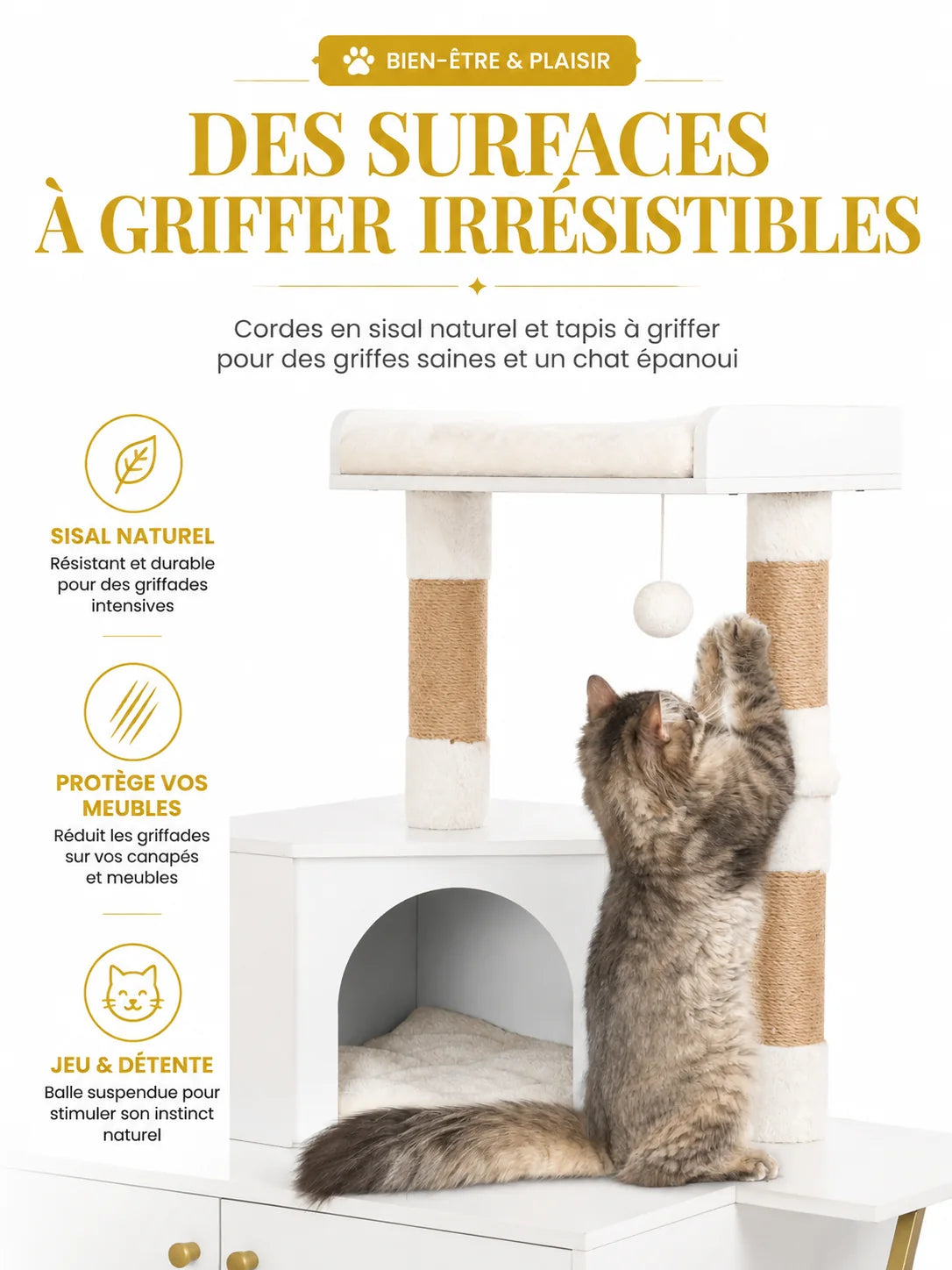 Zones de griffade en sisal de l’arbre à chat avec litière blanc Litiélia utilisées par un chat