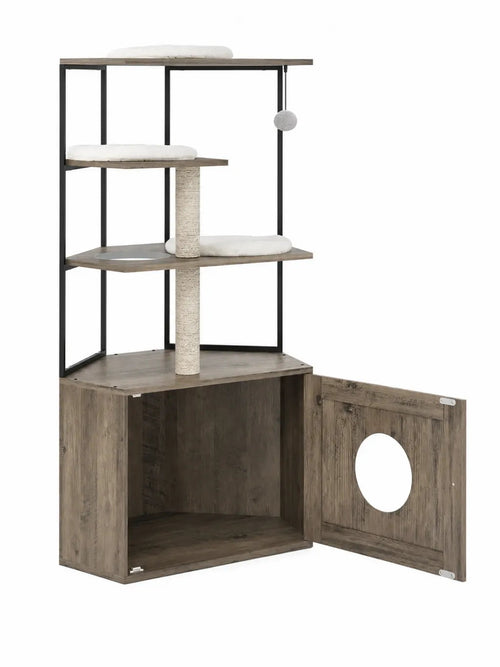 Arbre à chat avec litière Lignora 138 cm en bois et métal avec niche fermée et porte ouverte