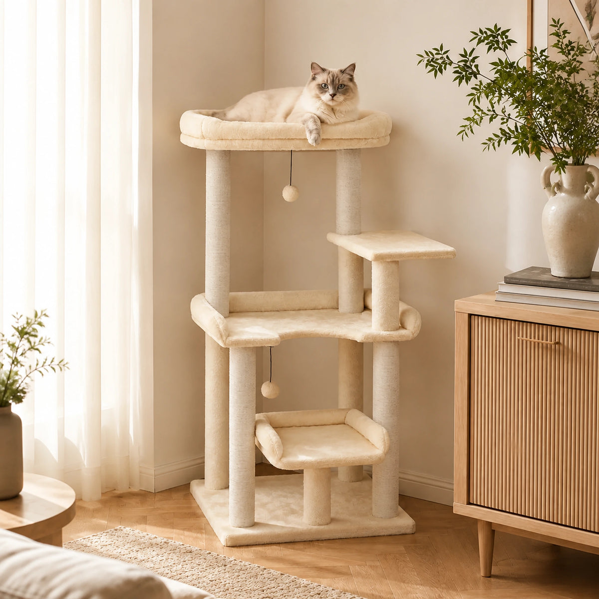 Arbre à chat beige 110 cm Doucelia dans un salon avec un chat installé dans le couchage supérieur