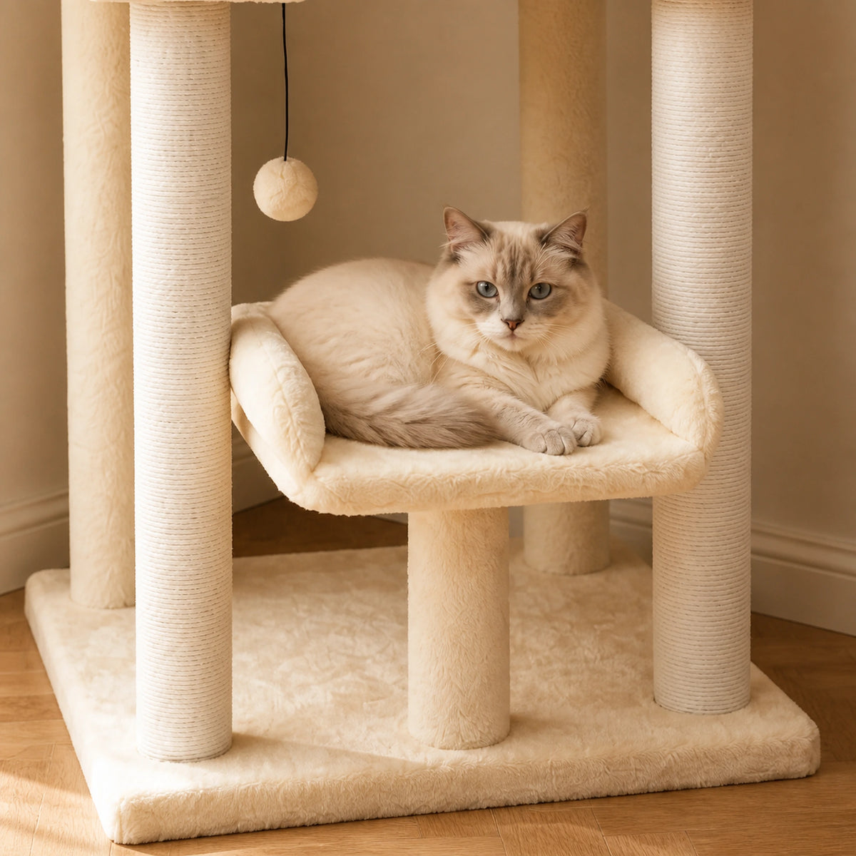 Nid bas rembourré de l’arbre à chat beige Doucelia avec un chat installé entre les poteaux griffoirs