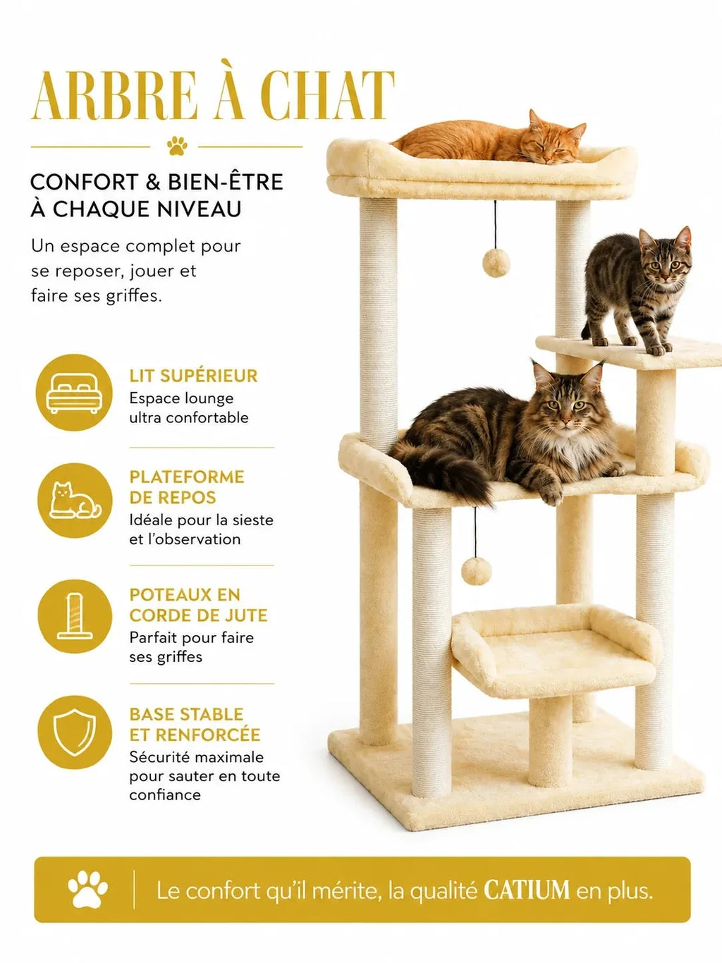 Trois couchages de l’arbre à chat beige Doucelia avec lit haut, plateforme et nid bas