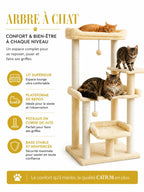 Trois couchages de l’arbre à chat beige Doucelia avec lit haut, plateforme et nid bas