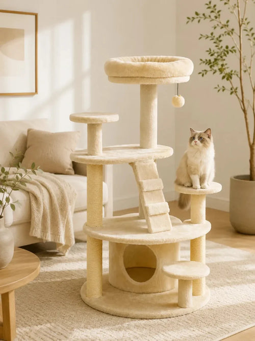 Arbre à chat beige Velouna installé dans un salon avec chat