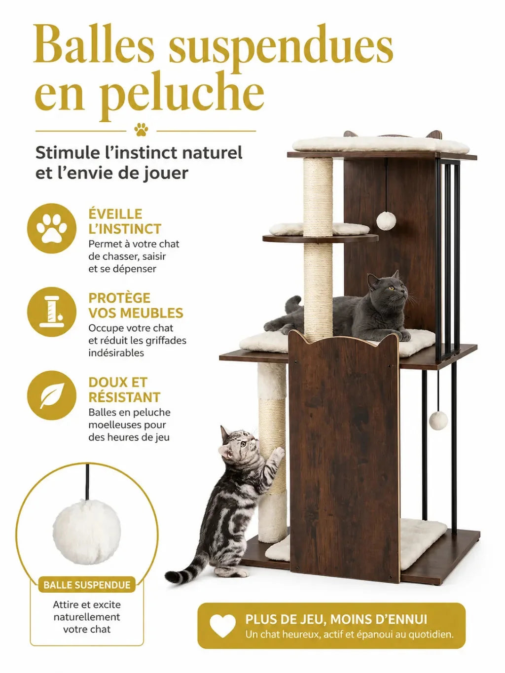 Balles suspendues en peluche de l'arbre à chat bois Rustélia